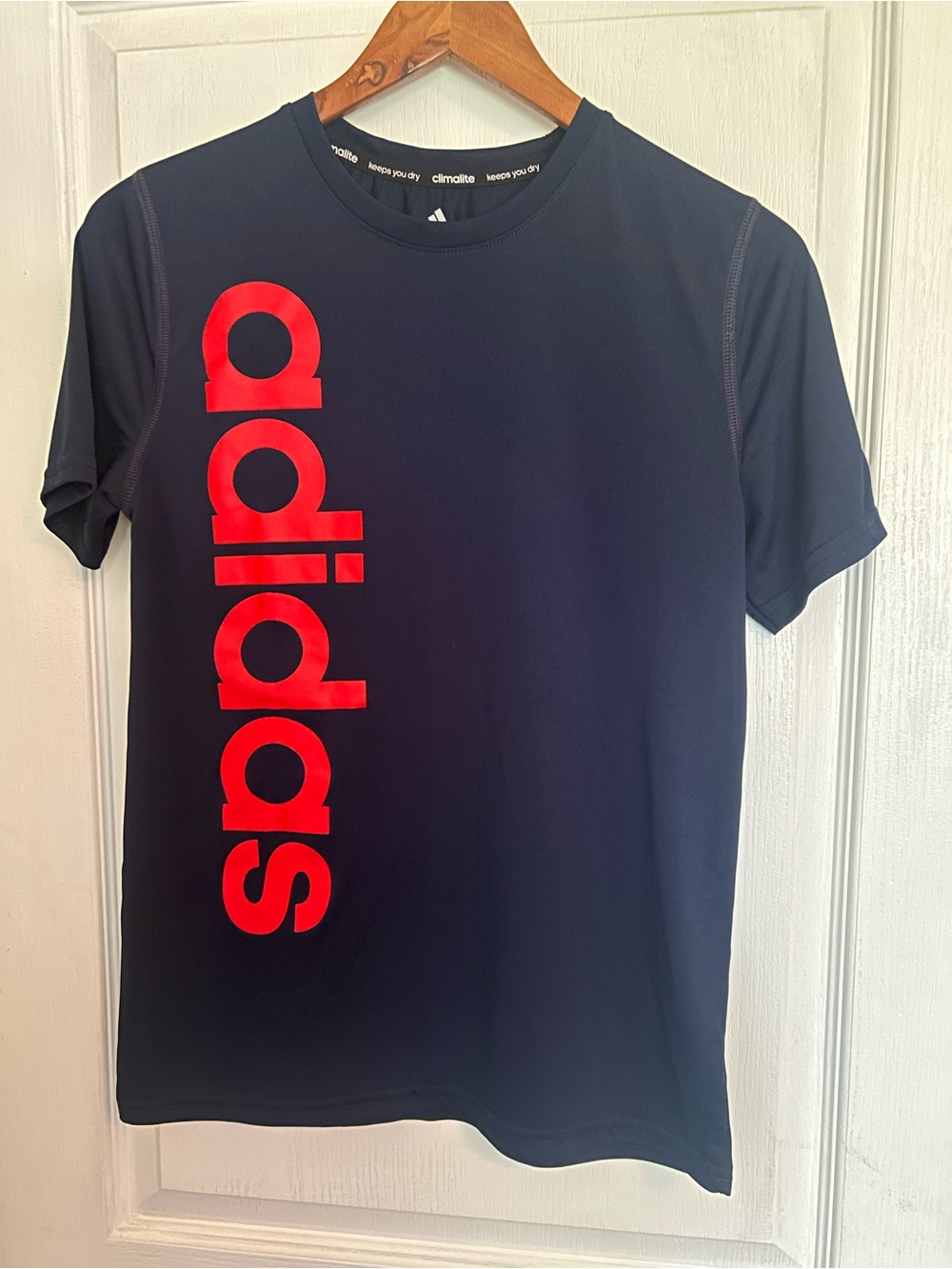 adidas Navy Short-Sleeve Training Tee with Red Vertical Logo